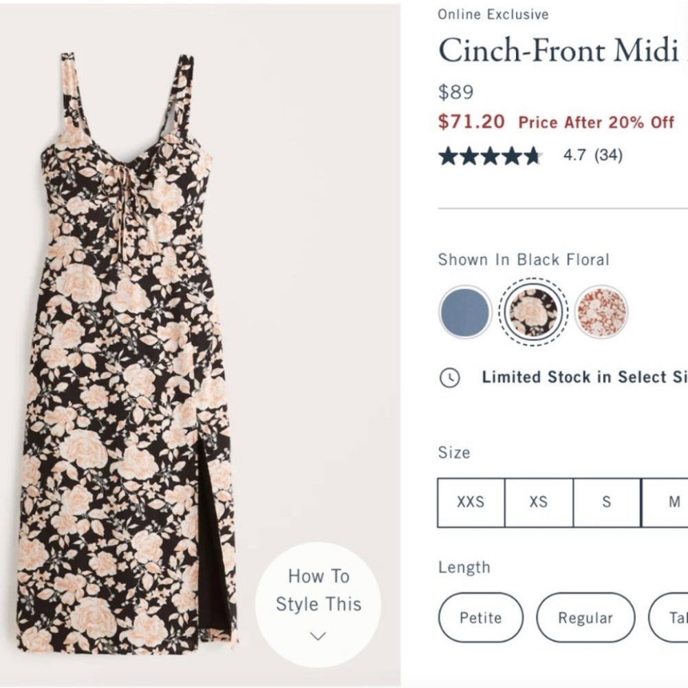 Brand new Abercrombie cinch front midi dress black floral*